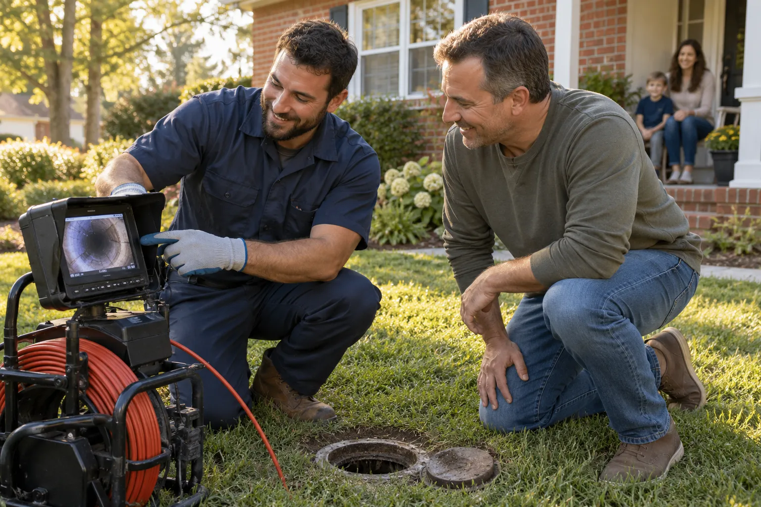 A local sewer line repair provider talking with a homeowner beside an open yard cleanout in the Fort Worth area